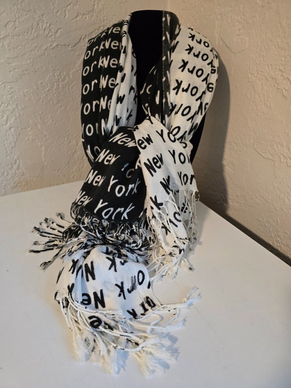Set of 2 Lisa NYC 100% Cashmere New York Fringe Scarves - Black & White